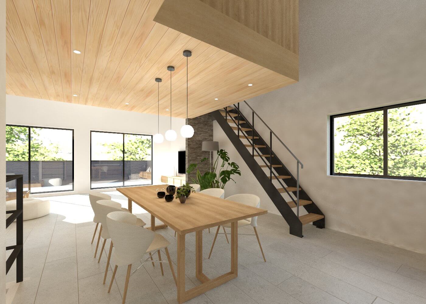 大きな吹き抜けがある、広々とした3階建て